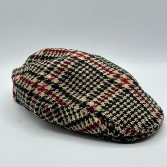 BURBERRY Vintage Wool Cashmere Flat Driving Cap Plaid Tan Black Red Sz L $590 - Picture 2 of 6